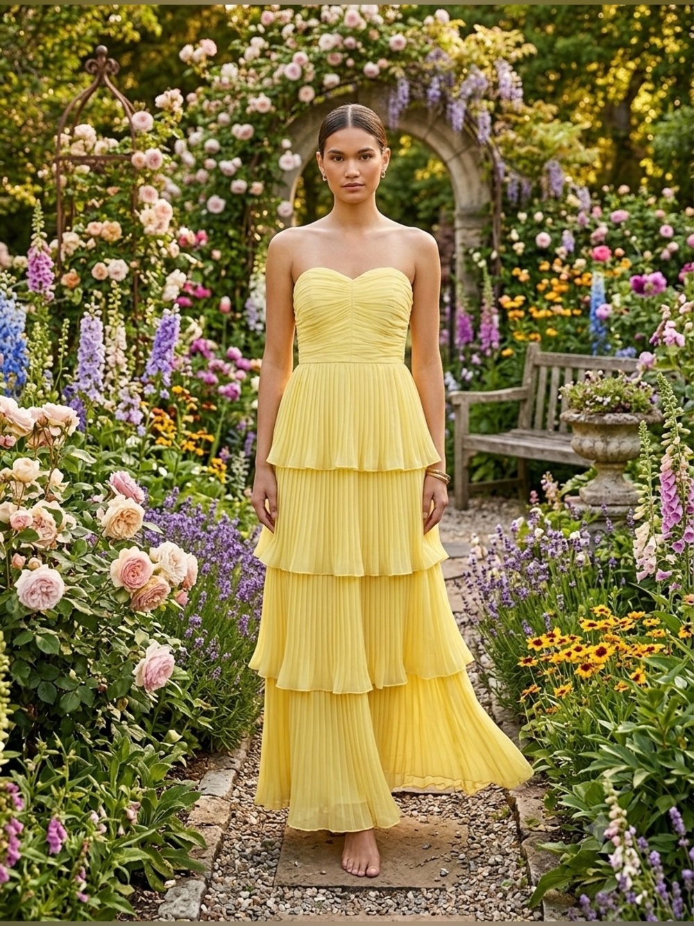 Strapless Tiered Yellow Pleated Maxi Dress